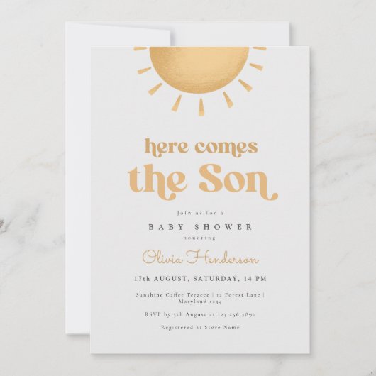 ここ来に息子の黄色の赤ん坊シャワー招待状 招待状 (正面)