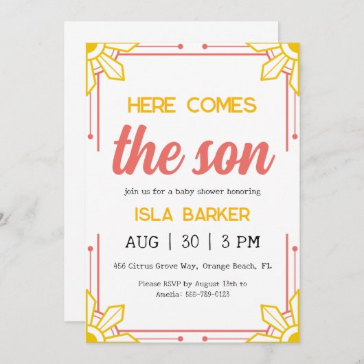 ここ来に息子サンシャイン赤ちゃんシャワーの招待 招待状 (正面/裏面)