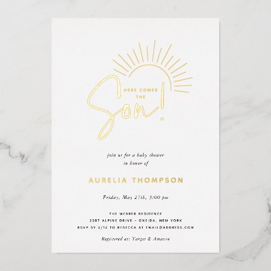 ここ来に息子ボホ太陽の赤ちゃんシャワー 箔招待状 (正面)