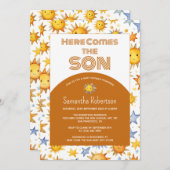 ここ来に息子ボーホレトロ男の子のシャワー 招待状 (正面/裏面)