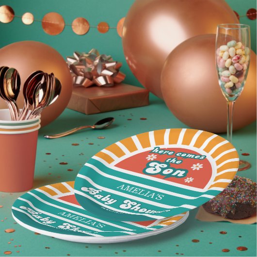 ここ来に息子レトロベビーシャワーパーティー ペーパープレート (複数)