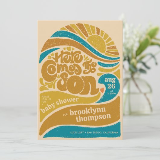 ここ来に息子レトロ男の赤ちゃんベビーシャワー 招待状 (スタンド正面)