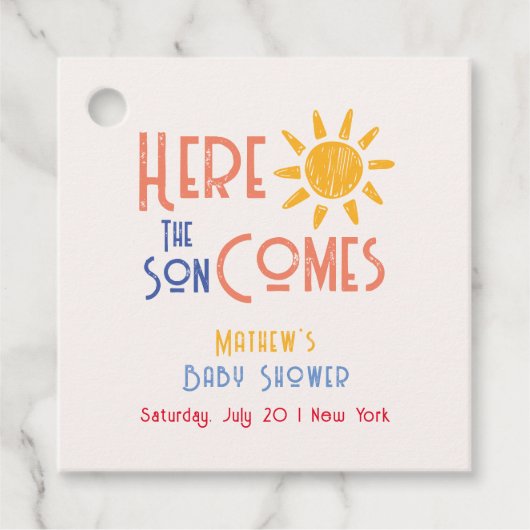 ここ来の息子レトロサンミニマルベビーシャワー フェイバータグ (正面)