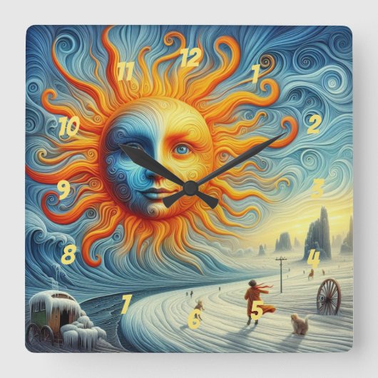 ここ来ザサン – AIアートプリント スクエア壁時計 (正面)