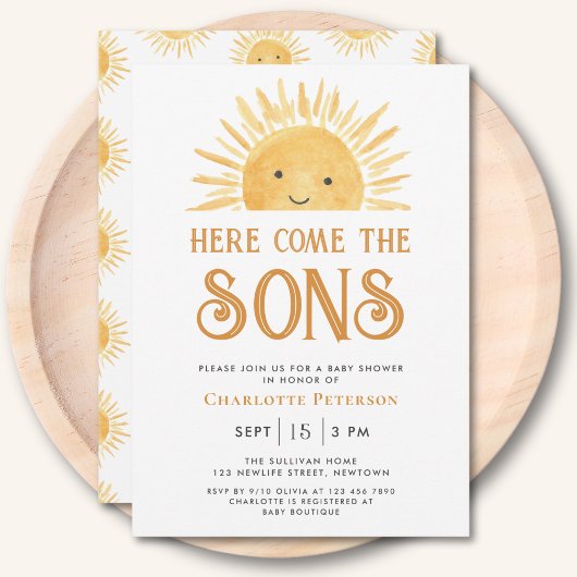 ここ来Sons Sunshine Twins Baby Shower 招待状