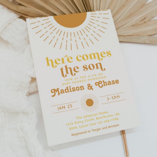 こちらが息子よ！男女混合ベビーシャワー招待状 招待状