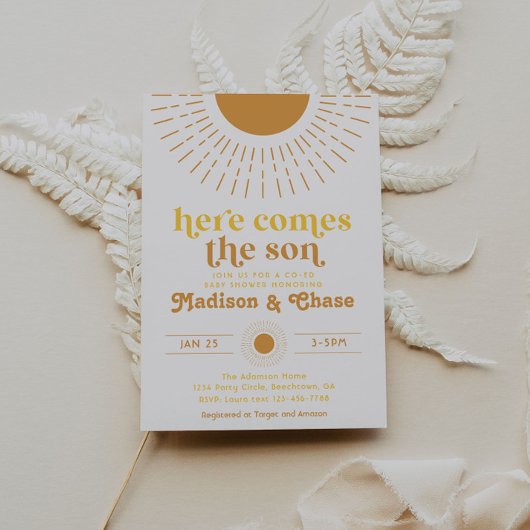 こちらが息子よ！男女混合ベビーシャワー招待状 招待状