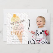 こちらが真相！ピンクの写真 1歳の誕生日 招待状 (正面)