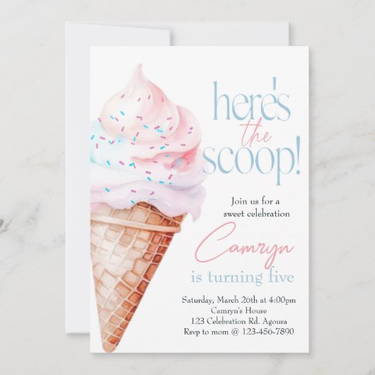 こちらが詳細です、アイスクリームパーティー、スイート 招待状 (正面)