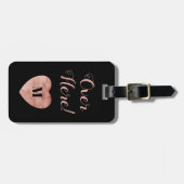 こちらにばら色の金ゴールドおよび黒いハートの荷物のラベル ラゲッジタグ (正面横)