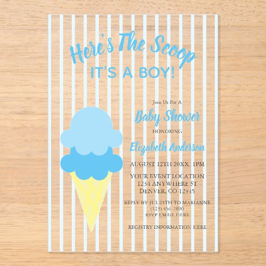 こちらはスクープのアイスクリーム夏のベビーシャワー アクリル招待状 (正面)