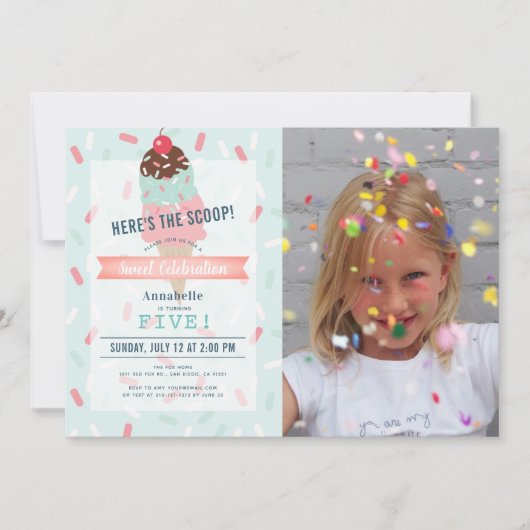 こちらはスコップミントアイスクリームフォト誕生日 招待状 (正面)