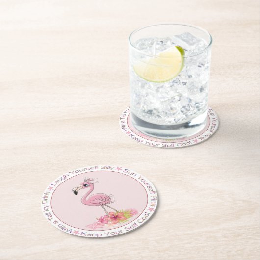 ことわざおもしろいピンクフラミンゴウオーターカラーイラストレーション ラウンドペーパーコースター (インサイチュ)