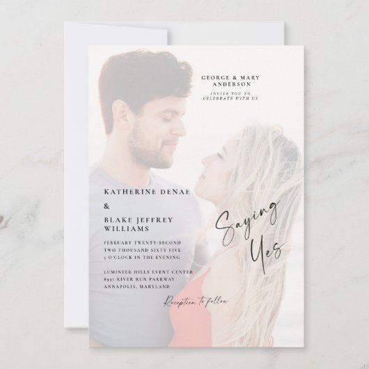 ことわざYesカップル写真ビーチ結婚式 招待状 (正面)