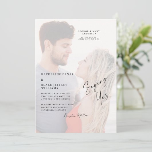 ことわざYesカップル写真ビーチ結婚式 招待状 (スタンド正面)