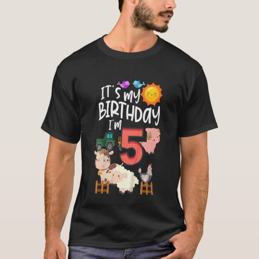 こどもたち 私の誕生日 私は5歳の農場の動物たち ト Tシャツ (正面)