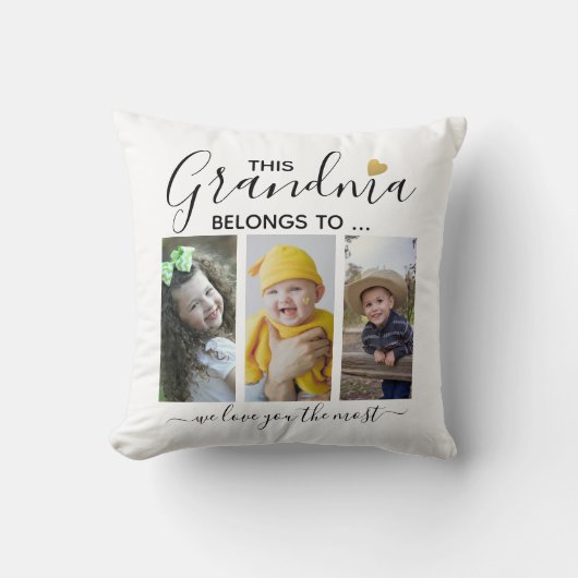 このおばあちゃんのお孫さん3枚の写真コラージュ クッション (正面)