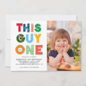 このカラフル男は男の子の一人写真1歳の誕生日 招待状 (正面)