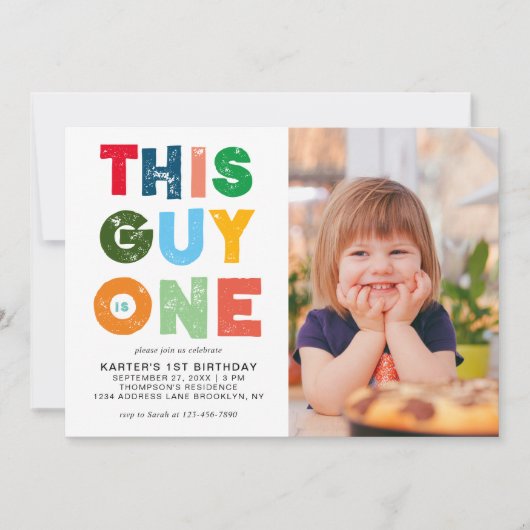 このカラフル男は男の子の一人写真1歳の誕生日 招待状 (正面)
