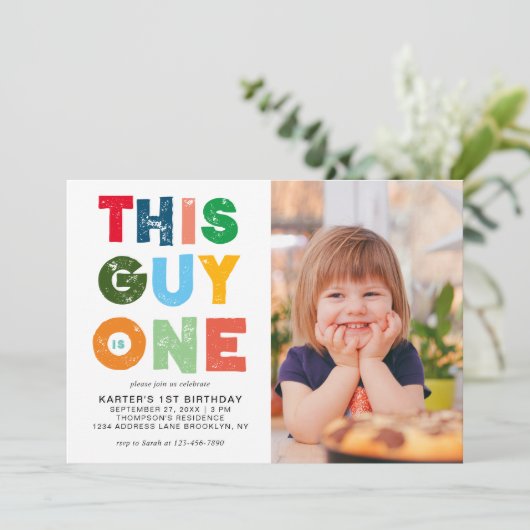 このカラフル男は男の子の一人写真1歳の誕生日 招待状 (スタンド正面)