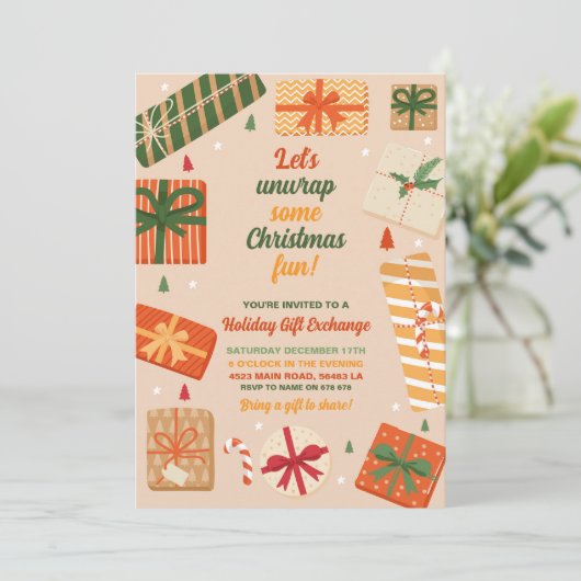 このクリスマスプレゼントのプレゼントをおもしろいで包み取ろう 招待状 (スタンド正面)