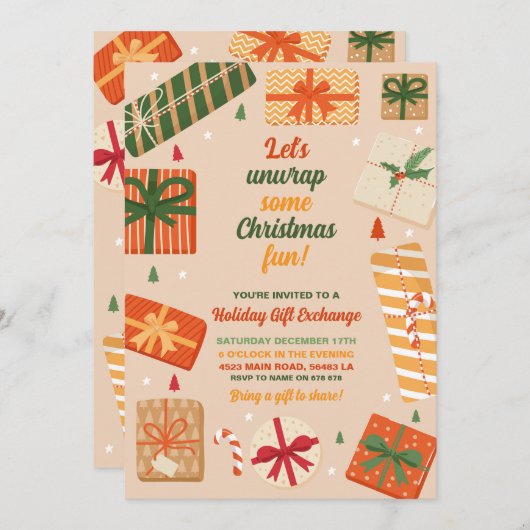 このクリスマスプレゼントのプレゼントをおもしろいで包み取ろう 招待状 (正面/裏面)