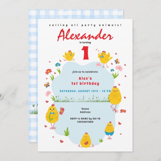 このシックな鶏肉ファームブルーボーイ誕生日 招待状 (正面/裏面)