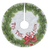 'このシーズンリースと赤い弓オン樺の木 ブラッシュドポリエステルツリースカート (正面)