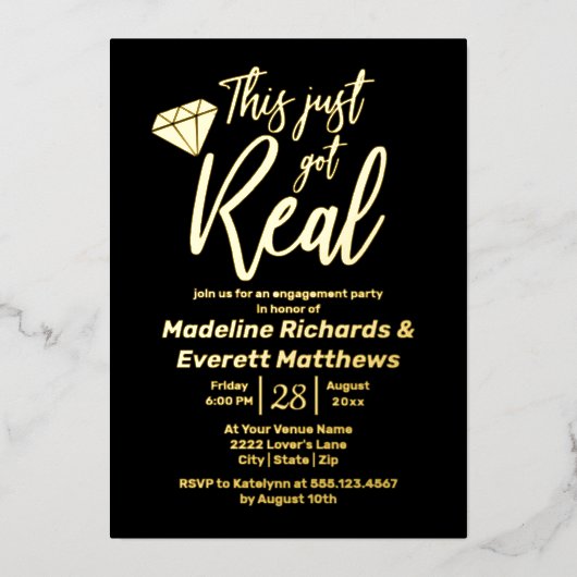 このジャスト得グ実在ム婚約パーティ実在金ゴールド 箔招待状 (正面)