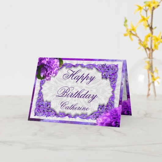 このスミレ色のカーネーション誕生日カードを個人用に設定 カード (黄色い花)