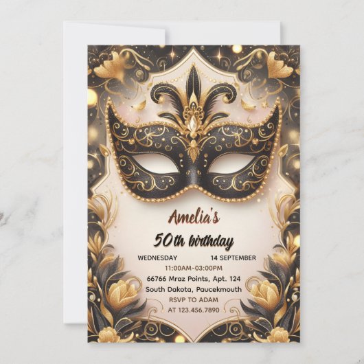 このツツブラック金ゴールドシックな仮装50誕生日 招待状 (正面)