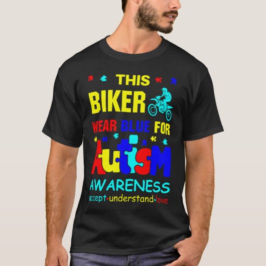 このバイクもしくは自転車に乗る人衣服は、自閉症を知るTシャツの青 Tシャツ (正面)