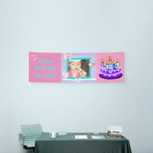 このピンクの誕生日ガールバナーをパーソナライズ 横断幕 (トレードショー)