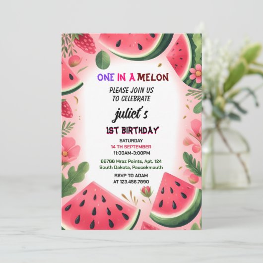このピンク色の夏の1日のメロンの最初の1歳の誕生日 招待状 (スタンド正面)