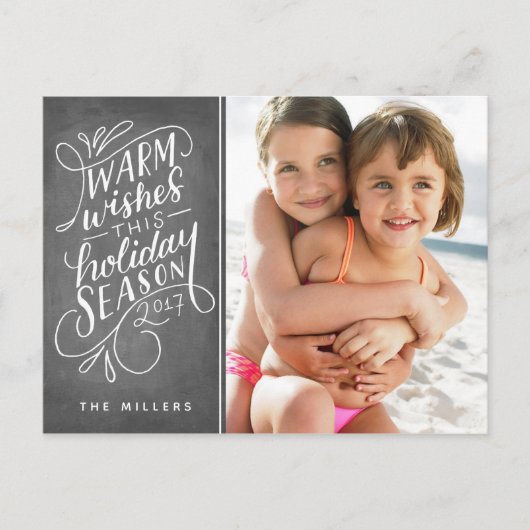 このホリデーシーズンにぴったりな手描きレターの1枚の写真カード シーズンポストカード (正面)