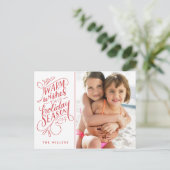 このホリデーシーズンにぴったりな手書き文字の1枚の写真カード シーズンポストカード (スタンド正面)