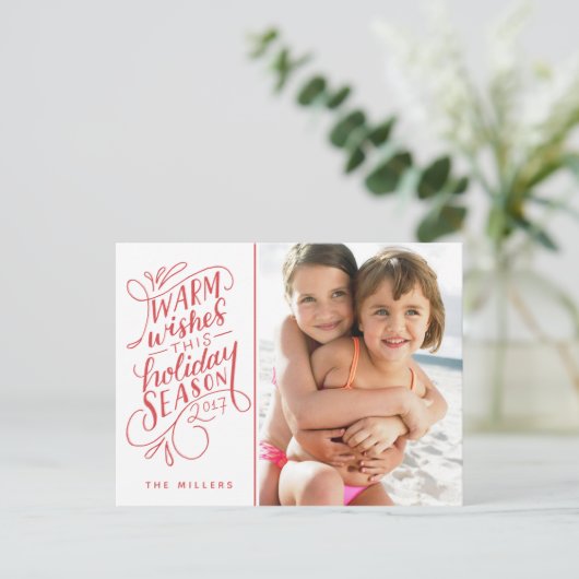 このホリデーシーズンにぴったりな手書き文字の1枚の写真カード シーズンポストカード (スタンド正面)