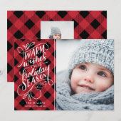 このホリデーシーズンにぴったりな、手描きのオシャレな写真付きプレイドカード シーズンカード (正面/裏面)