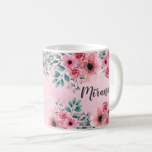 このママはピンクの水彩フローラの コーヒーマグカップ (正面右)