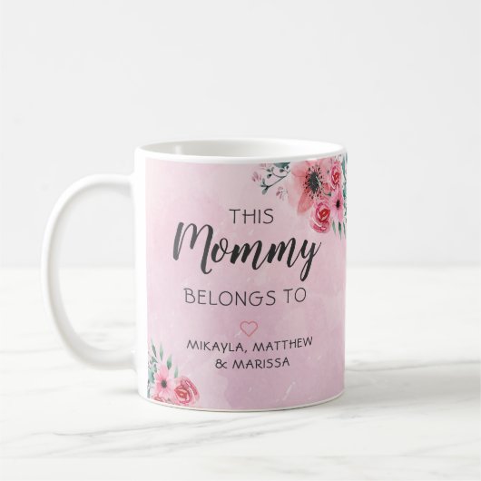 このママはピンクの水彩フローラの コーヒーマグカップ (左)
