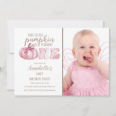 このリトルパンプキンのピンクの写真 1歳の誕生日パーティー 招待状 (正面)