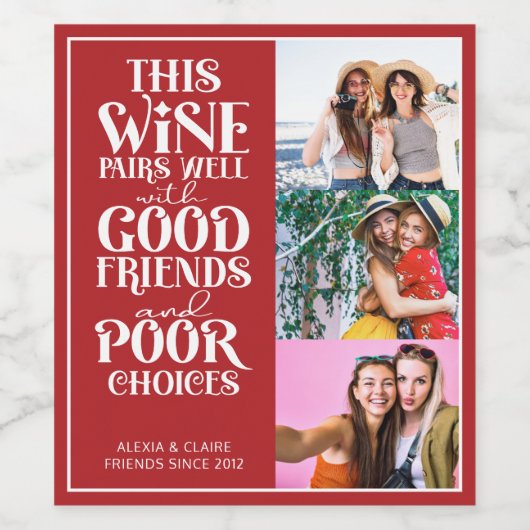 このワインは友達と上手にペアおもしろいbff 3枚の写真 ワインラベル (シングルラベル)