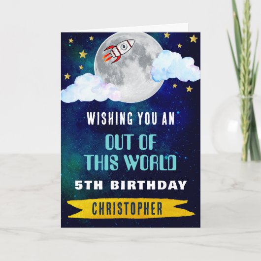 この世界からロケット船任意の年齢の誕生日 カード (正面)