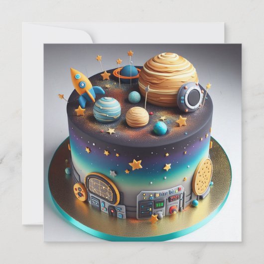 この世界の宇宙から子供の誕生日ケーキ カード (正面)