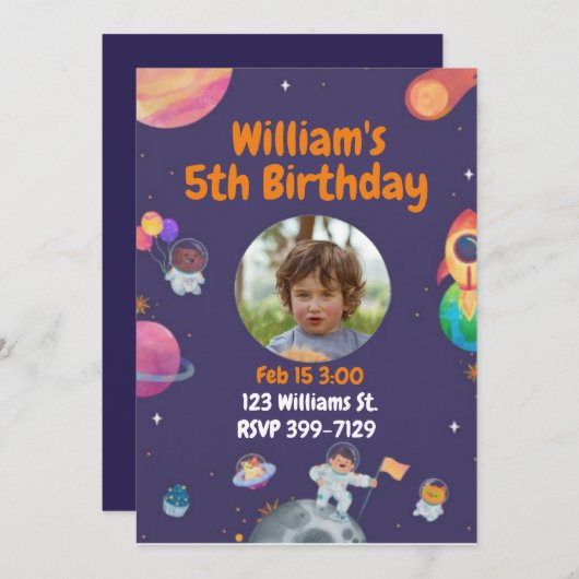 この世界の宇宙旅行子供の誕生日 招待状 (正面/裏面)