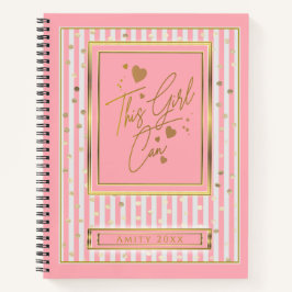 この女の子はピンク&ホワイトのストライプ金ゴールド水玉模様 ノートブック