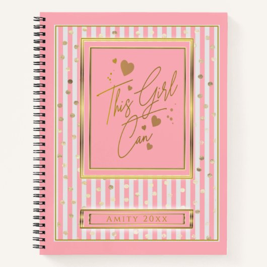 この女の子はピンク&ホワイトのストライプ金ゴールド水玉模様 ノートブック (正面)