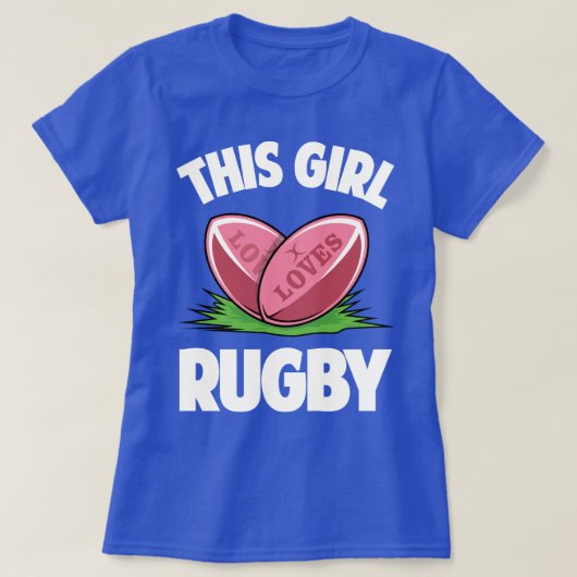 この女の子はラグビーのスローガンのスポーツのユーモアおもしろいなTを愛します Tシャツ (デザイン正面)