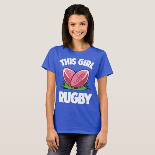 この女の子はラグビーのスローガンのスポーツのユーモアおもしろいなTを愛します Tシャツ (正面フル)