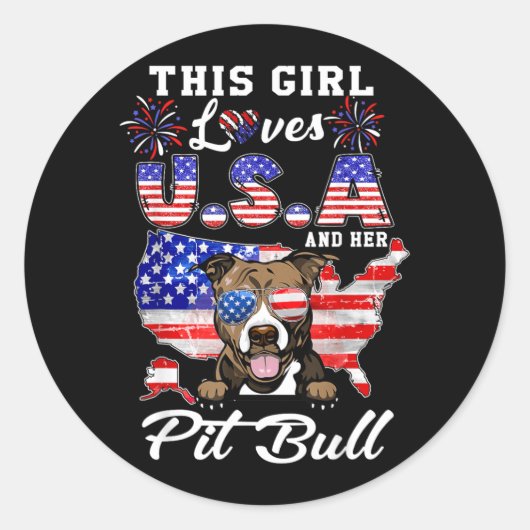 この娘はUSAと犬が大好き！独立記念日のピットブル ラウンドシール (正面)